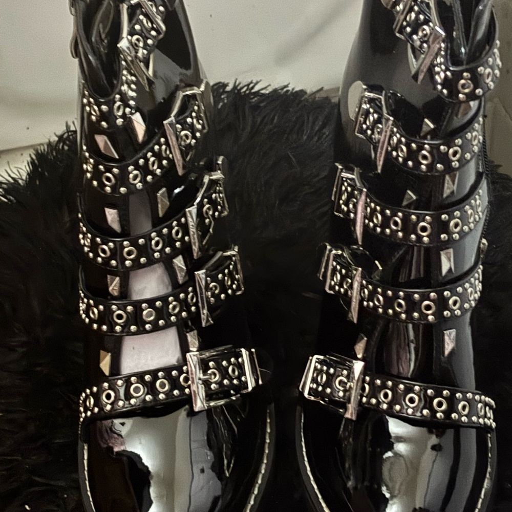Glossy Black Studded Women's Combat Boots